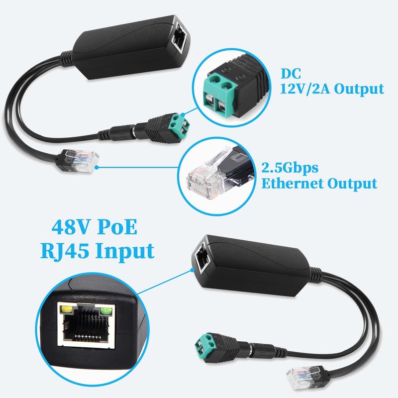 REVODATA 2.5G Ethernet PoE Splitter 12V/2A with DC Female Connector, DC 5.5 * 2.1mm Plug, 48V PoE to DC 12V/2A 24W Output, Compliant with IEEE 802.3af/at for DIY & Various Scenarios (PS5712TG-B) - Image 2